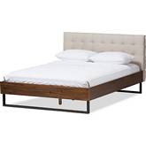 Mitchell King Platform Bed in Beige Fabric, Walnut Finish & Bronze